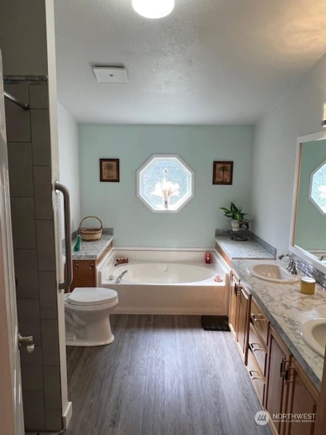 bathroom with plenty of natural light, wood-type flooring, a tub, and vanity