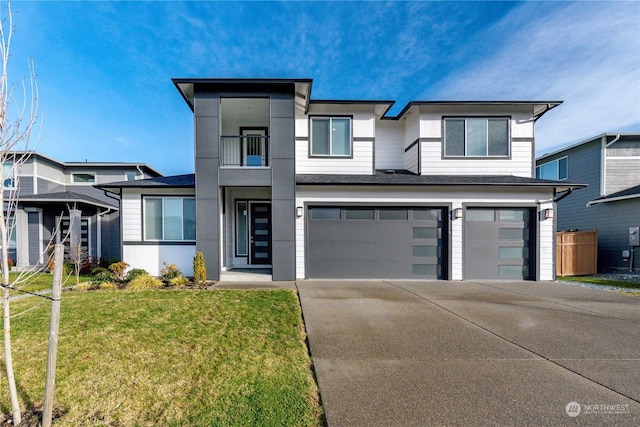 view of front of house with an attached garage, concrete driveway, and a front yard