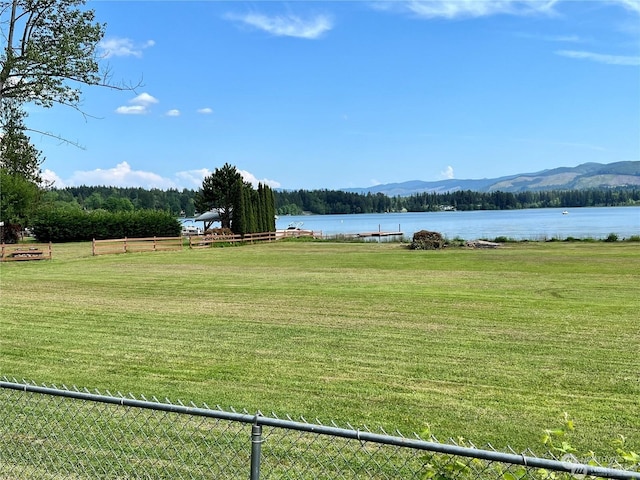 view of yard with a water and mountain view