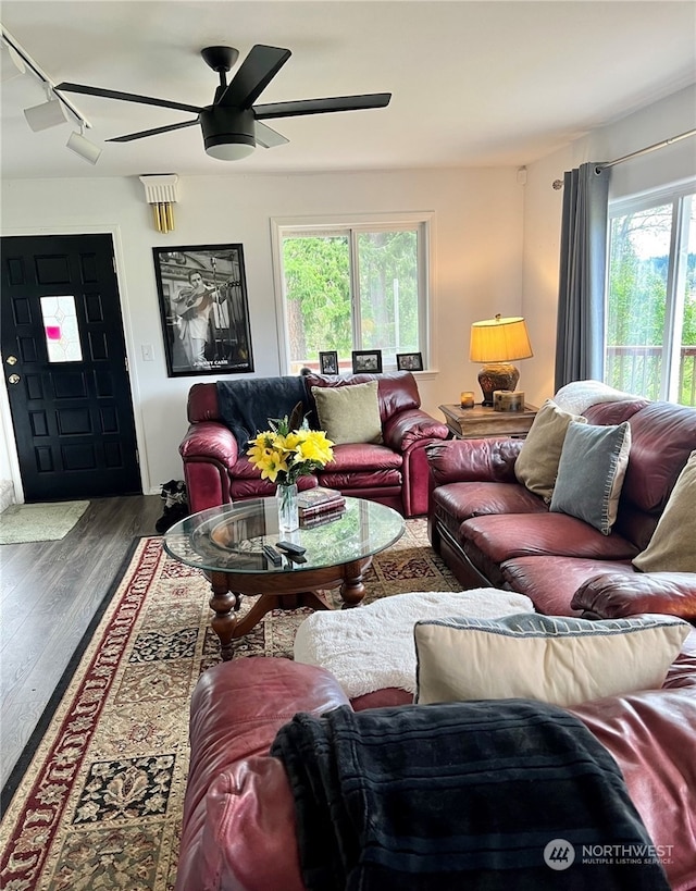 living room with ceiling fan and dark hardwood / wood-style flooring