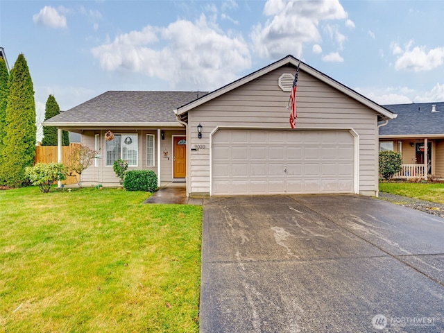 single story home with aphalt driveway, a garage, a shingled roof, fence, and a front lawn