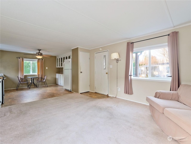 unfurnished living room featuring carpet, ceiling fan, and ornamental molding