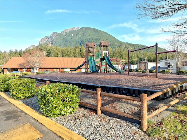 view of play area with a mountain view