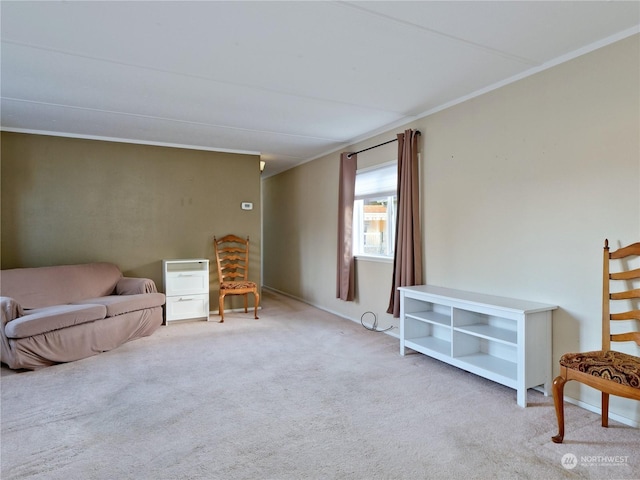 sitting room featuring light carpet and crown molding