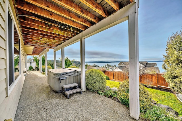 view of patio / terrace featuring a hot tub