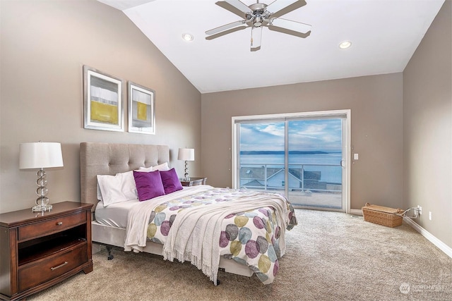 bedroom featuring carpet flooring, ceiling fan, access to exterior, and lofted ceiling