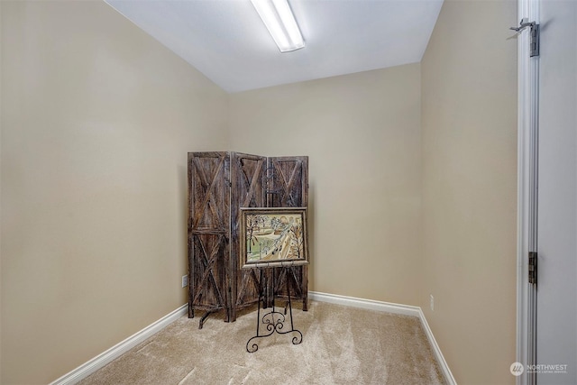 miscellaneous room featuring light carpet and vaulted ceiling