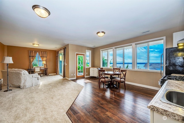 interior space with sink, a water view, and dark hardwood / wood-style floors