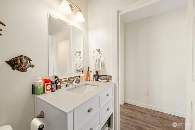 bathroom featuring wood-type flooring, vanity, and tasteful backsplash