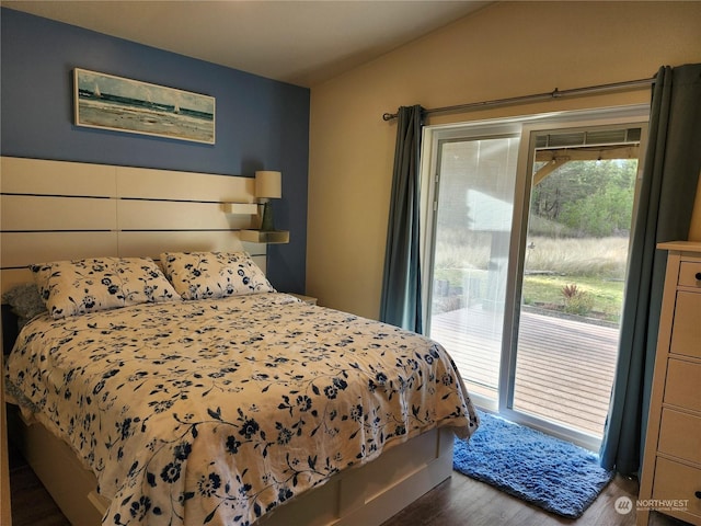 bedroom with access to outside, dark hardwood / wood-style flooring, and lofted ceiling