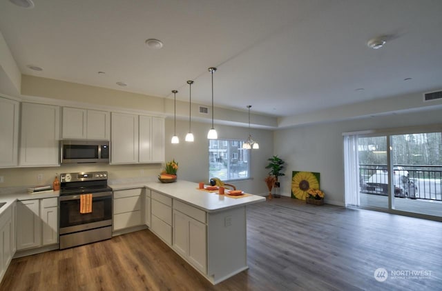 kitchen featuring kitchen peninsula, hanging light fixtures, white cabinets, hardwood / wood-style floors, and stainless steel appliances