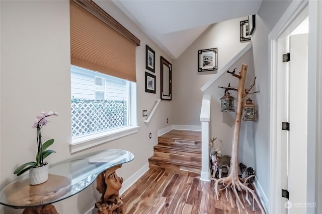 mudroom with vaulted ceiling and hardwood / wood-style flooring