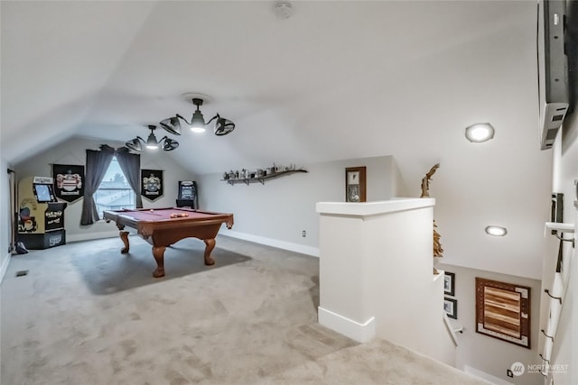 game room with carpet, lofted ceiling, and pool table