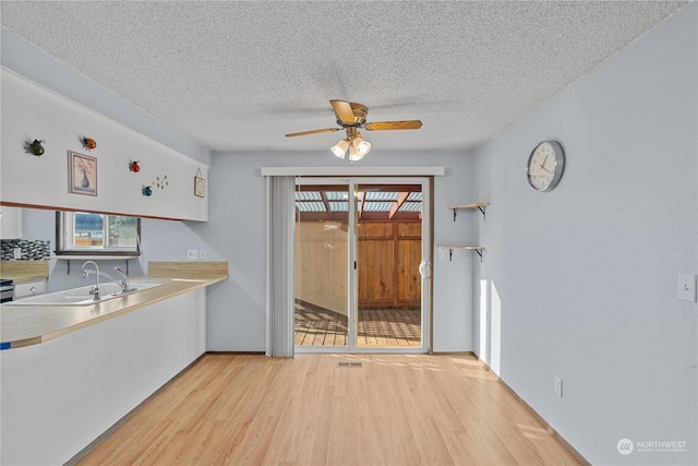 kitchen with ceiling fan, light hardwood / wood-style flooring, a healthy amount of sunlight, and sink