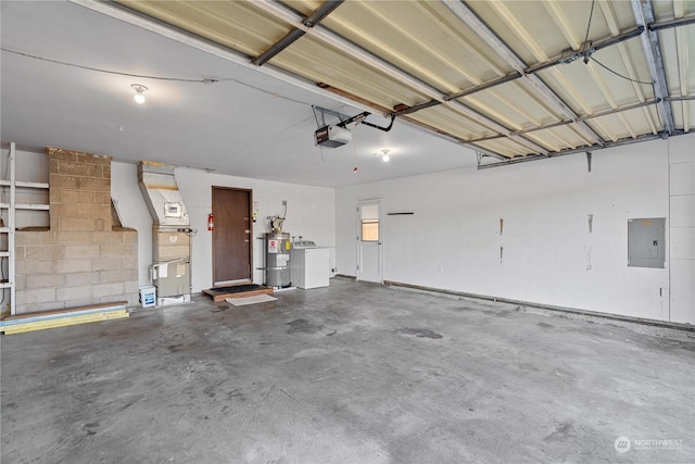 garage with electric panel, water heater, heating unit, and a garage door opener