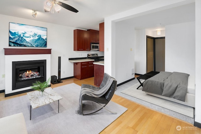 living room with light hardwood / wood-style flooring and ceiling fan