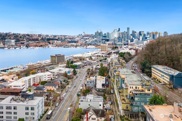 birds eye view of property with a water view