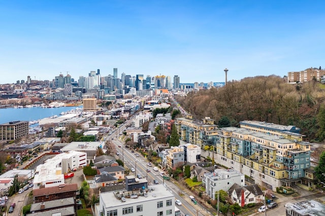 bird's eye view with a water view