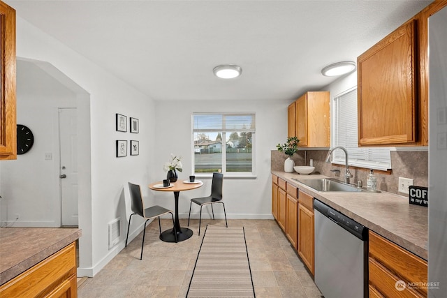 kitchen featuring sink, stainless steel dishwasher, and tasteful backsplash