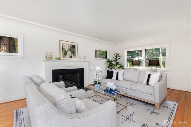 living area with a glass covered fireplace, wood finished floors, and baseboards