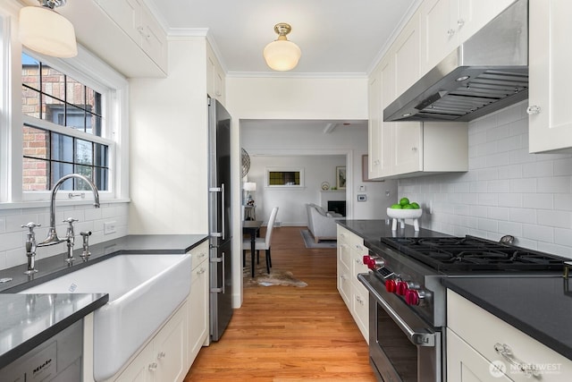 kitchen featuring under cabinet range hood, a sink, appliances with stainless steel finishes, white cabinets, and light wood finished floors