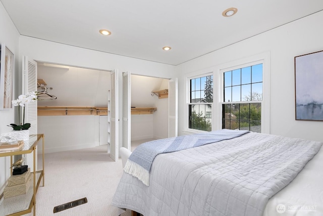 bedroom with visible vents, recessed lighting, baseboards, and carpet floors