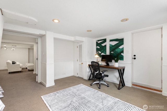 office with recessed lighting, a wainscoted wall, and carpet floors