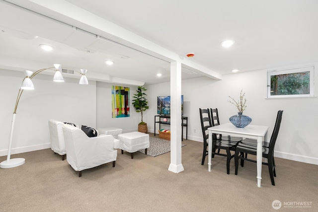 dining space featuring recessed lighting, visible vents, baseboards, and light colored carpet