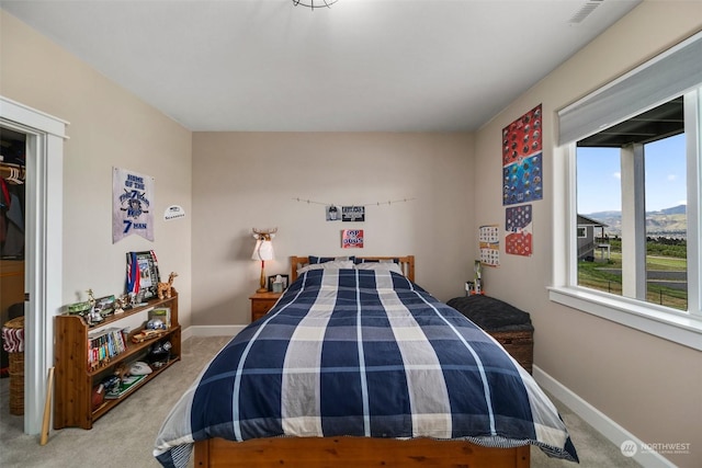 bedroom featuring a mountain view and light colored carpet