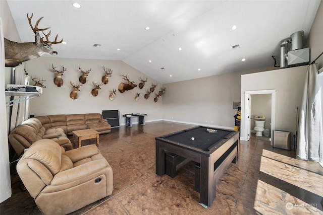 rec room with lofted ceiling and billiards