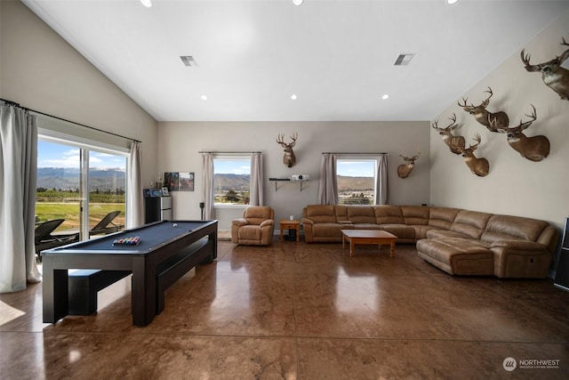 playroom featuring lofted ceiling, a healthy amount of sunlight, and billiards