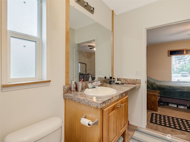 bathroom featuring wood-type flooring, vanity, toilet, and ceiling fan