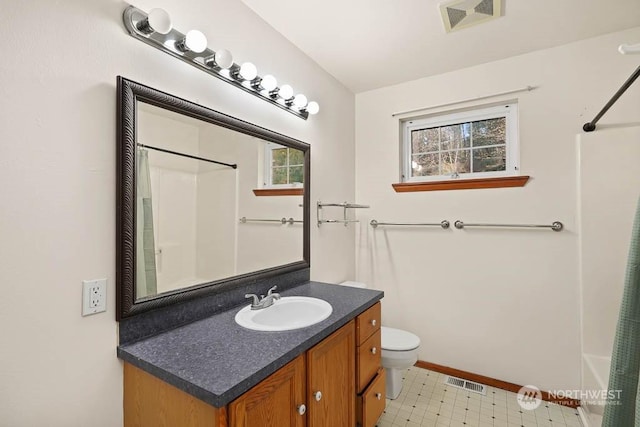 full bathroom featuring vanity, toilet, and shower / bathtub combination with curtain