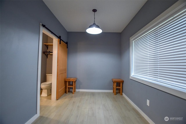 interior space with a barn door and light wood-type flooring