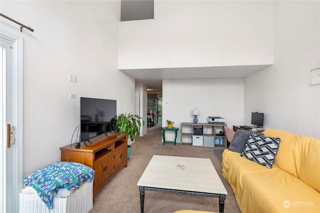 carpeted living room with a high ceiling