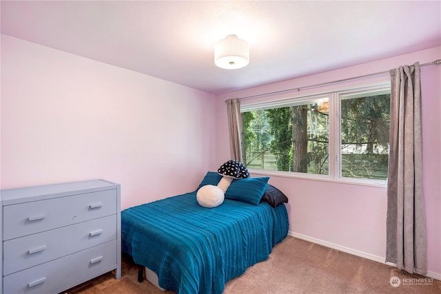 bedroom with light carpet