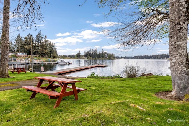 dock area featuring a yard and a water view