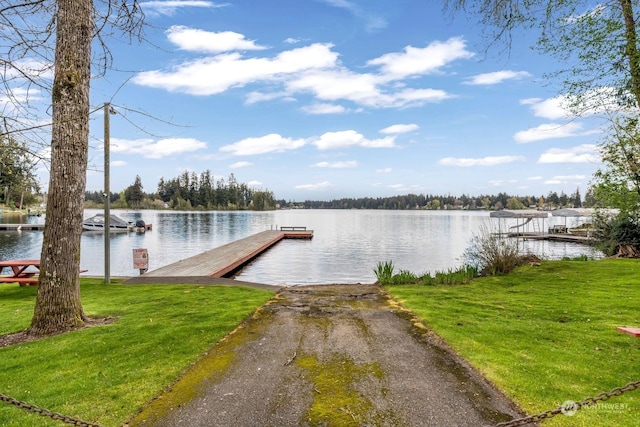 view of dock featuring a yard and a water view