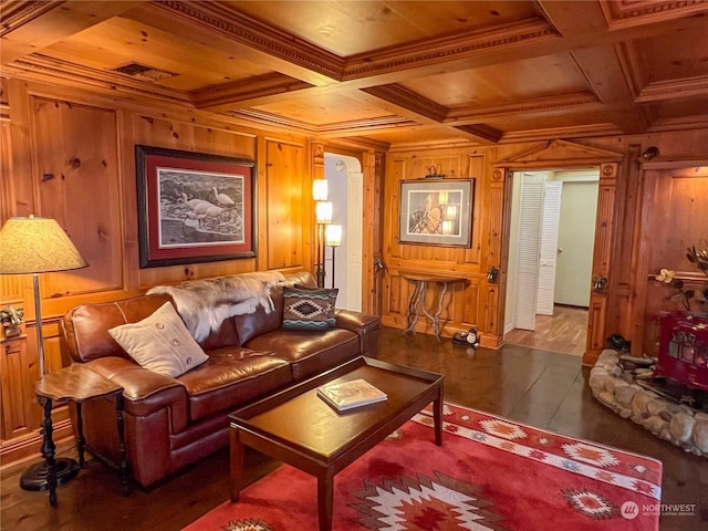 living room featuring beamed ceiling, dark hardwood / wood-style floors, wooden walls, and coffered ceiling