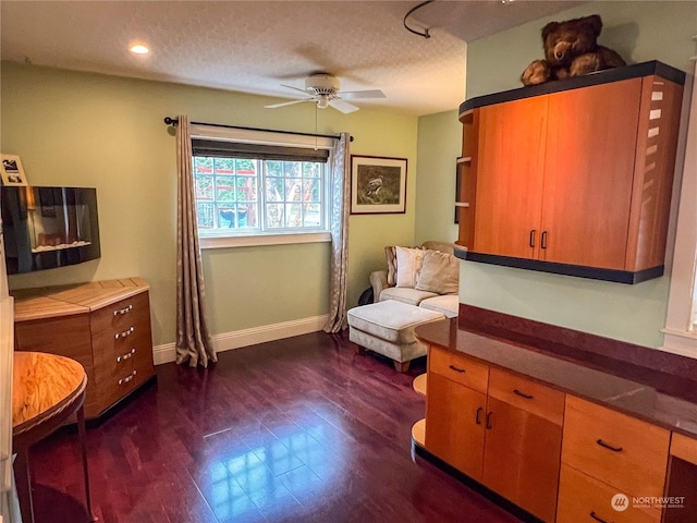 living area featuring ceiling fan, dark wood-type flooring, and a textured ceiling