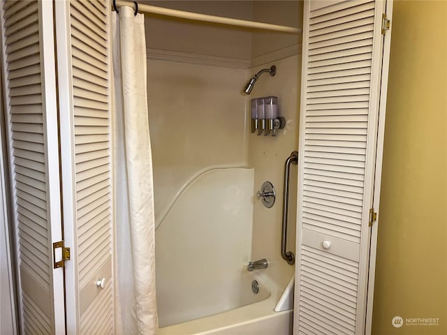7251 Oak Bay Rd, Port Ludlow, WA 98365 - bathroom with a closet and shower / bathtub combination with curtain