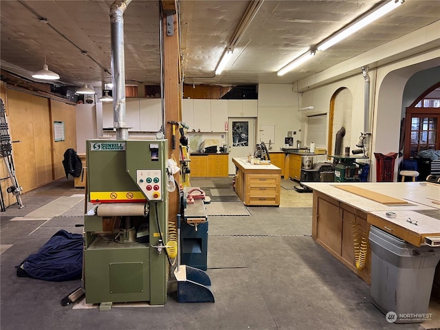 basement featuring a workshop area