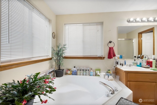 bathroom with vanity and shower with separate bathtub