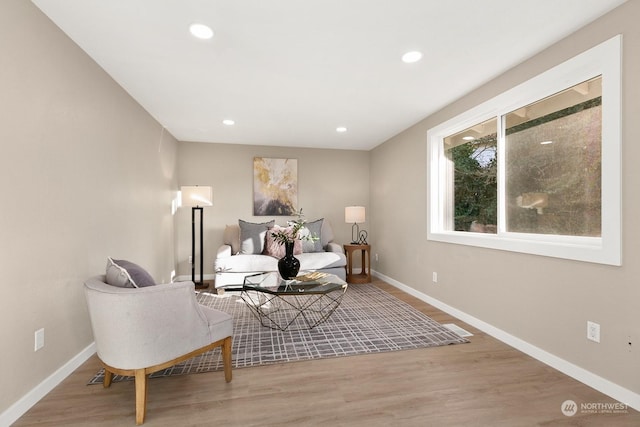 living area with hardwood / wood-style floors