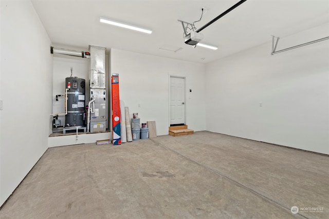 garage with strapped water heater and a garage door opener