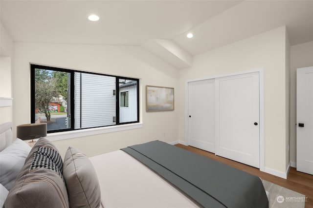 bedroom featuring dark hardwood / wood-style flooring, lofted ceiling, and a closet