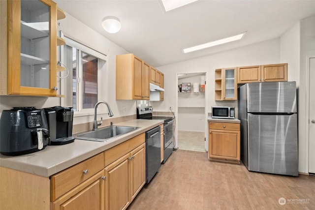 kitchen featuring sink, stainless steel appliances, vaulted ceiling, and light hardwood / wood-style floors