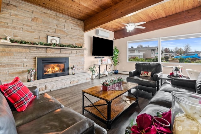 living room featuring beam ceiling, ceiling fan, wooden ceiling, a stone fireplace, and dark hardwood / wood-style floors