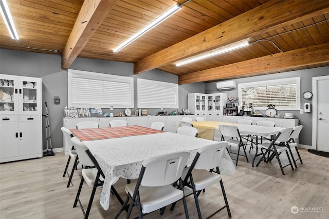 dining space featuring a wall mounted air conditioner, beam ceiling, wooden ceiling, and light hardwood / wood-style flooring