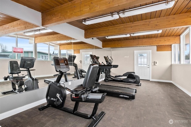 gym with plenty of natural light, carpet, and wooden ceiling